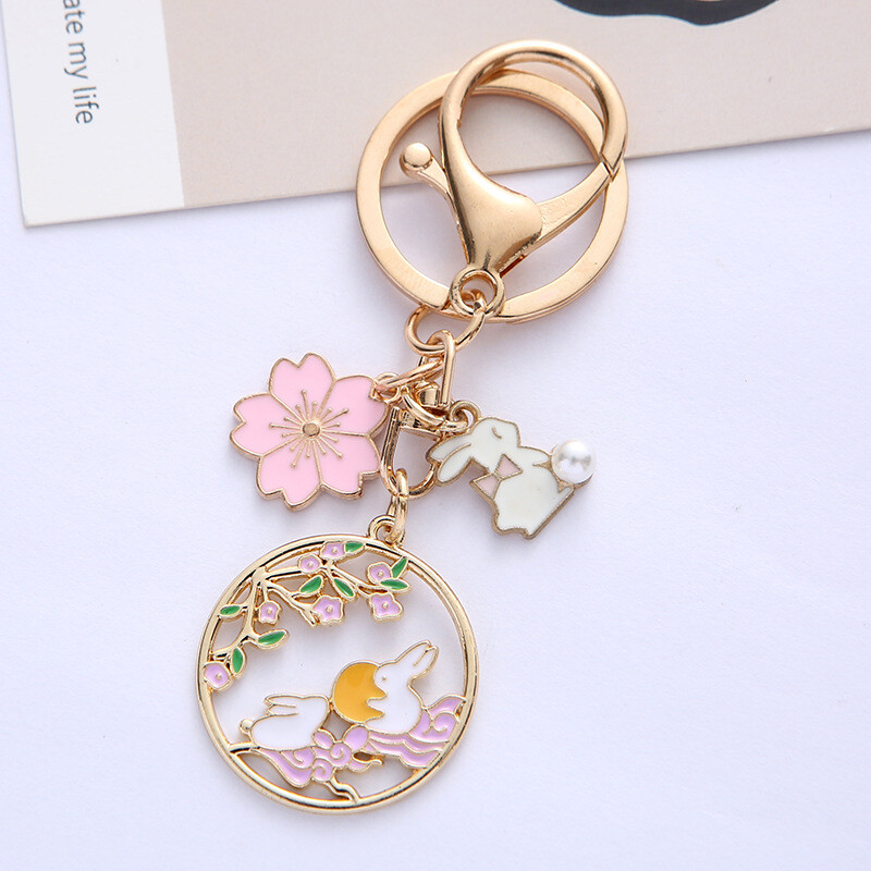 Módna sladká smaltovaná kľúčenka s králikom v tvare čerešňového kvetu pre ženy a dievčatá, roztomilá kľúčenka s kvetom mesiaca, taška, kľúč od auta, prívesok, šperky, darček