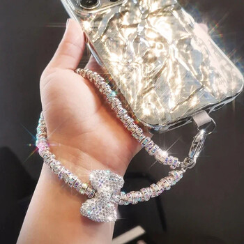 Κοντό Diamond Studded Bow Κινητό Κορδόνι Βραχιόλι Shiny Lanyard IPhone 16 Case Key Universal Rope Bag Body KitJewelry