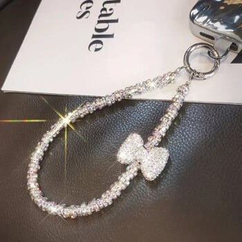 Κοντό Diamond Studded Bow Κινητό Κορδόνι Βραχιόλι Shiny Lanyard IPhone 16 Case Key Universal Rope Bag Body KitJewelry