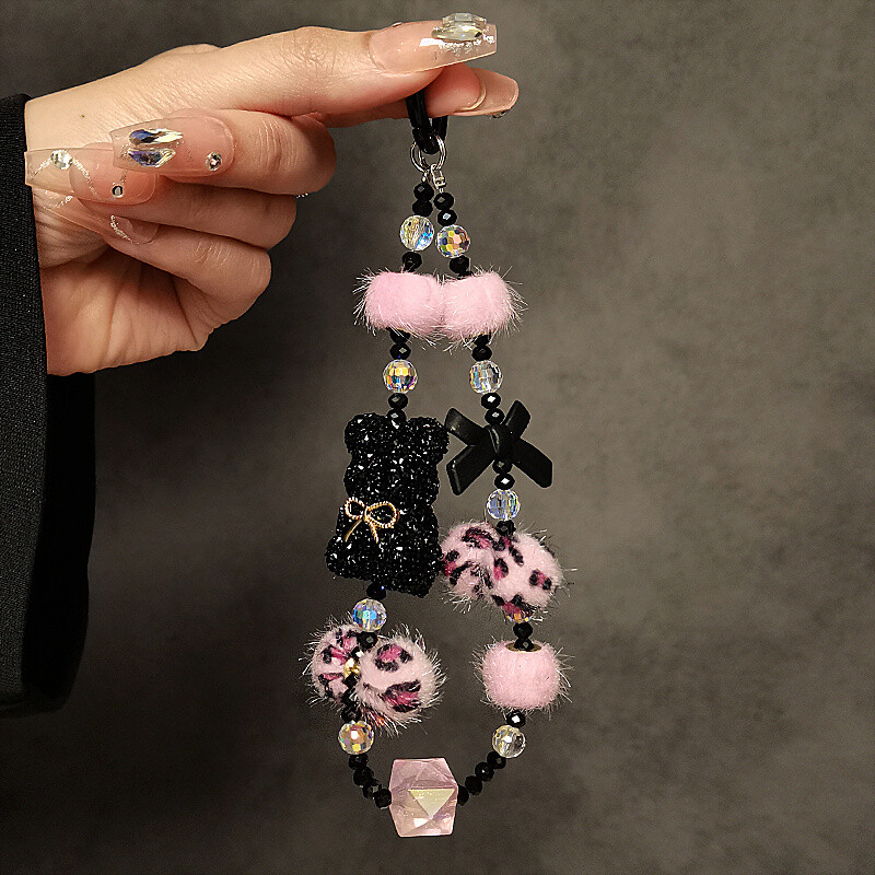 Fundă de lux cu imprimeu de leopard, ursuleț cu diamante, pandantiv, simplitate, pluș, curea scurtă pentru telefon, stil, căști pentru telefon, șnur cu lanț