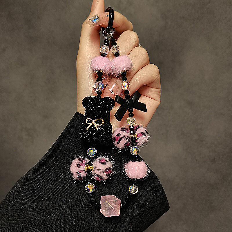 Fundă de lux cu imprimeu de leopard, ursuleț cu diamante, pandantiv, simplitate, pluș, curea scurtă pentru telefon, stil, căști pentru telefon, șnur cu lanț