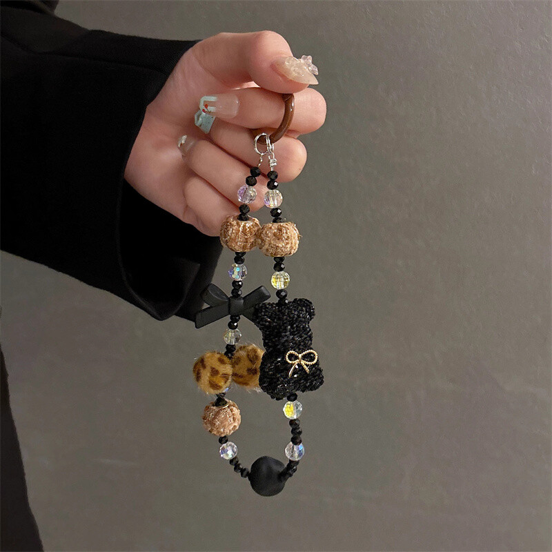 Fundă de lux cu imprimeu de leopard, ursuleț cu diamante, pandantiv, simplitate, pluș, curea scurtă pentru telefon, stil, căști pentru telefon, șnur cu lanț