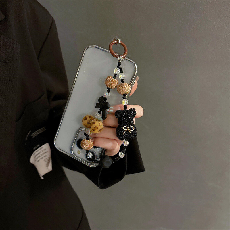 Fundă de lux cu imprimeu de leopard, ursuleț cu diamante, pandantiv, simplitate, pluș, curea scurtă pentru telefon, stil, căști pentru telefon, șnur cu lanț