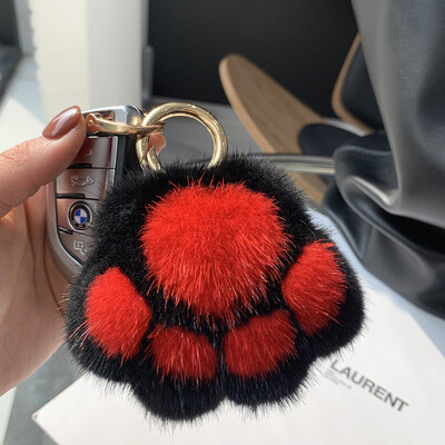 Szép bolyhos macskamancs kulcstartó nerc szőr haj pompon kulcstartó női lányoknak aranyos állat mancs medál kulcstartó táskán autós csecsebecse