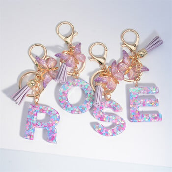 Μπρελόκ AZ Dreamy Sequin Letters για γυναίκες Φούντα μενταγιόν πεταλούδα Αρχικό μπρελόκ Πορτοφόλι Ανάρτηση Τσάντες Charms Μπρελόκ αυτοκινήτου