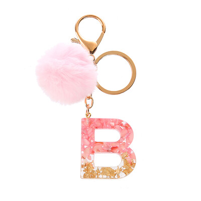 1vnt Pink Pompom Letter Raktų pakabukas Anglų abėcėlės raktų pakabukas su Puffer Ball Glitter Gradient Resin Automobilinio veidrodžio rankinės pakabukai