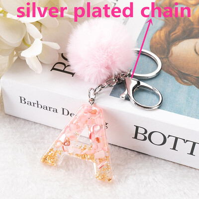 1vnt Pink Pompom Letter Raktų pakabukas Anglų abėcėlės raktų pakabukas su Puffer Ball Glitter Gradient Resin Automobilinio veidrodžio rankinės pakabukai