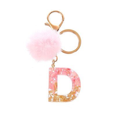 1vnt Pink Pompom Letter Raktų pakabukas Anglų abėcėlės raktų pakabukas su Puffer Ball Glitter Gradient Resin Automobilinio veidrodžio rankinės pakabukai