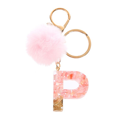 1vnt Pink Pompom Letter Raktų pakabukas Anglų abėcėlės raktų pakabukas su Puffer Ball Glitter Gradient Resin Automobilinio veidrodžio rankinės pakabukai