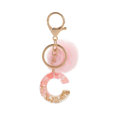 1vnt Pink Pompom Letter Raktų pakabukas Anglų abėcėlės raktų pakabukas su Puffer Ball Glitter Gradient Resin Automobilinio veidrodžio rankinės pakabukai