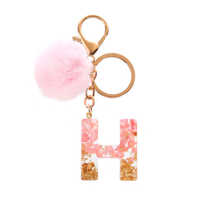 1vnt Pink Pompom Letter Raktų pakabukas Anglų abėcėlės raktų pakabukas su Puffer Ball Glitter Gradient Resin Automobilinio veidrodžio rankinės pakabukai
