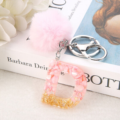 1vnt Pink Pompom Letter Raktų pakabukas Anglų abėcėlės raktų pakabukas su Puffer Ball Glitter Gradient Resin Automobilinio veidrodžio rankinės pakabukai