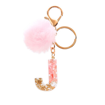 1vnt Pink Pompom Letter Raktų pakabukas Anglų abėcėlės raktų pakabukas su Puffer Ball Glitter Gradient Resin Automobilinio veidrodžio rankinės pakabukai