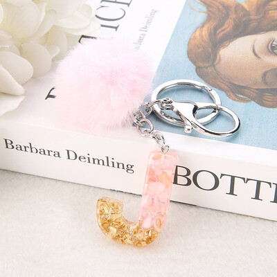 1vnt Pink Pompom Letter Raktų pakabukas Anglų abėcėlės raktų pakabukas su Puffer Ball Glitter Gradient Resin Automobilinio veidrodžio rankinės pakabukai