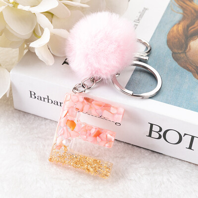1vnt Pink Pompom Letter Raktų pakabukas Anglų abėcėlės raktų pakabukas su Puffer Ball Glitter Gradient Resin Automobilinio veidrodžio rankinės pakabukai