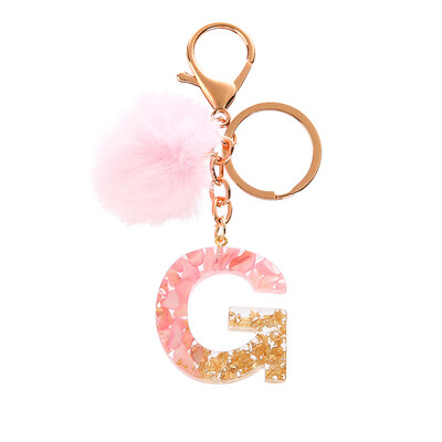 1vnt Pink Pompom Letter Raktų pakabukas Anglų abėcėlės raktų pakabukas su Puffer Ball Glitter Gradient Resin Automobilinio veidrodžio rankinės pakabukai