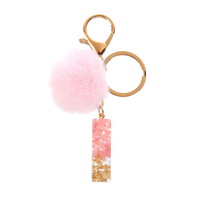 1vnt Pink Pompom Letter Raktų pakabukas Anglų abėcėlės raktų pakabukas su Puffer Ball Glitter Gradient Resin Automobilinio veidrodžio rankinės pakabukai
