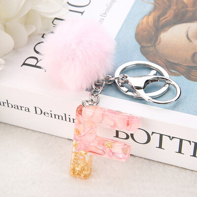 1vnt Pink Pompom Letter Raktų pakabukas Anglų abėcėlės raktų pakabukas su Puffer Ball Glitter Gradient Resin Automobilinio veidrodžio rankinės pakabukai