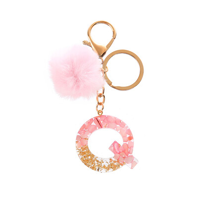 1vnt Pink Pompom Letter Raktų pakabukas Anglų abėcėlės raktų pakabukas su Puffer Ball Glitter Gradient Resin Automobilinio veidrodžio rankinės pakabukai