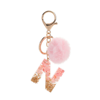 1vnt Pink Pompom Letter Raktų pakabukas Anglų abėcėlės raktų pakabukas su Puffer Ball Glitter Gradient Resin Automobilinio veidrodžio rankinės pakabukai
