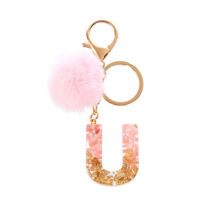 1vnt Pink Pompom Letter Raktų pakabukas Anglų abėcėlės raktų pakabukas su Puffer Ball Glitter Gradient Resin Automobilinio veidrodžio rankinės pakabukai