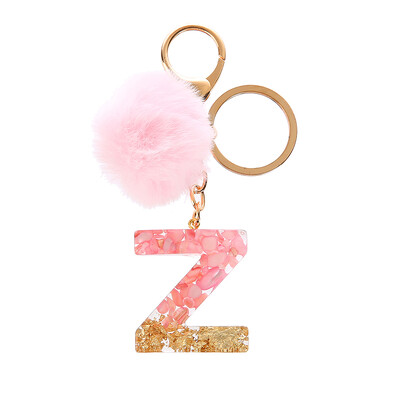 1vnt Pink Pompom Letter Raktų pakabukas Anglų abėcėlės raktų pakabukas su Puffer Ball Glitter Gradient Resin Automobilinio veidrodžio rankinės pakabukai