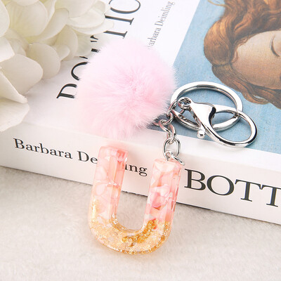 1vnt Pink Pompom Letter Raktų pakabukas Anglų abėcėlės raktų pakabukas su Puffer Ball Glitter Gradient Resin Automobilinio veidrodžio rankinės pakabukai