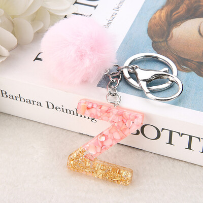 1vnt Pink Pompom Letter Raktų pakabukas Anglų abėcėlės raktų pakabukas su Puffer Ball Glitter Gradient Resin Automobilinio veidrodžio rankinės pakabukai