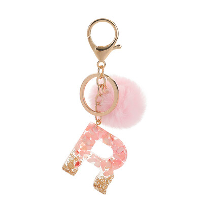 1vnt Pink Pompom Letter Raktų pakabukas Anglų abėcėlės raktų pakabukas su Puffer Ball Glitter Gradient Resin Automobilinio veidrodžio rankinės pakabukai