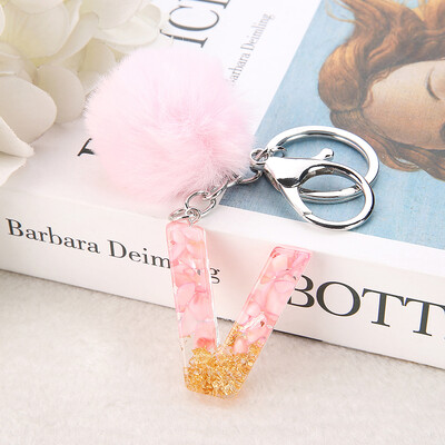 1vnt Pink Pompom Letter Raktų pakabukas Anglų abėcėlės raktų pakabukas su Puffer Ball Glitter Gradient Resin Automobilinio veidrodžio rankinės pakabukai