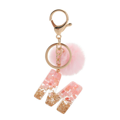 1vnt Pink Pompom Letter Raktų pakabukas Anglų abėcėlės raktų pakabukas su Puffer Ball Glitter Gradient Resin Automobilinio veidrodžio rankinės pakabukai
