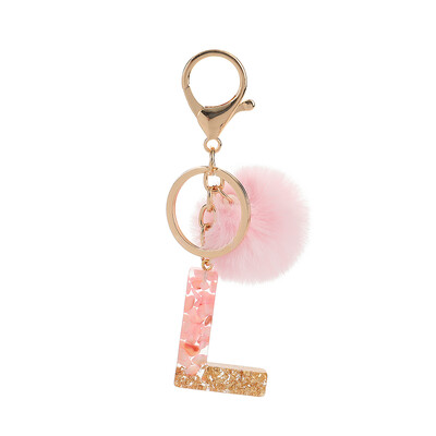 1vnt Pink Pompom Letter Raktų pakabukas Anglų abėcėlės raktų pakabukas su Puffer Ball Glitter Gradient Resin Automobilinio veidrodžio rankinės pakabukai