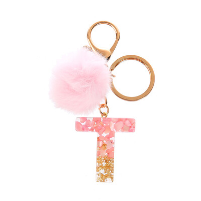 1vnt Pink Pompom Letter Raktų pakabukas Anglų abėcėlės raktų pakabukas su Puffer Ball Glitter Gradient Resin Automobilinio veidrodžio rankinės pakabukai