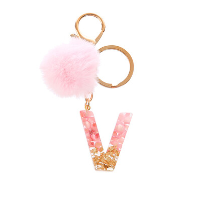 1vnt Pink Pompom Letter Raktų pakabukas Anglų abėcėlės raktų pakabukas su Puffer Ball Glitter Gradient Resin Automobilinio veidrodžio rankinės pakabukai