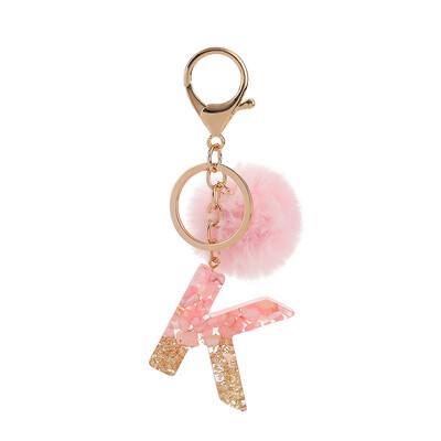 1vnt Pink Pompom Letter Raktų pakabukas Anglų abėcėlės raktų pakabukas su Puffer Ball Glitter Gradient Resin Automobilinio veidrodžio rankinės pakabukai