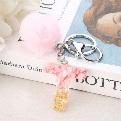 1vnt Pink Pompom Letter Raktų pakabukas Anglų abėcėlės raktų pakabukas su Puffer Ball Glitter Gradient Resin Automobilinio veidrodžio rankinės pakabukai