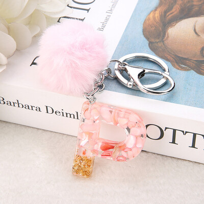 1vnt Pink Pompom Letter Raktų pakabukas Anglų abėcėlės raktų pakabukas su Puffer Ball Glitter Gradient Resin Automobilinio veidrodžio rankinės pakabukai