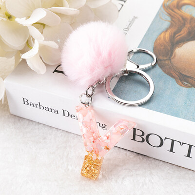 1vnt Pink Pompom Letter Raktų pakabukas Anglų abėcėlės raktų pakabukas su Puffer Ball Glitter Gradient Resin Automobilinio veidrodžio rankinės pakabukai