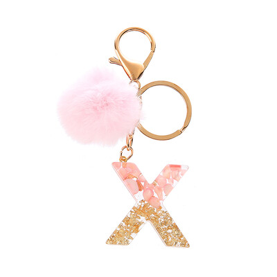 1vnt Pink Pompom Letter Raktų pakabukas Anglų abėcėlės raktų pakabukas su Puffer Ball Glitter Gradient Resin Automobilinio veidrodžio rankinės pakabukai