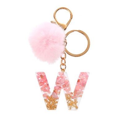 1vnt Pink Pompom Letter Raktų pakabukas Anglų abėcėlės raktų pakabukas su Puffer Ball Glitter Gradient Resin Automobilinio veidrodžio rankinės pakabukai