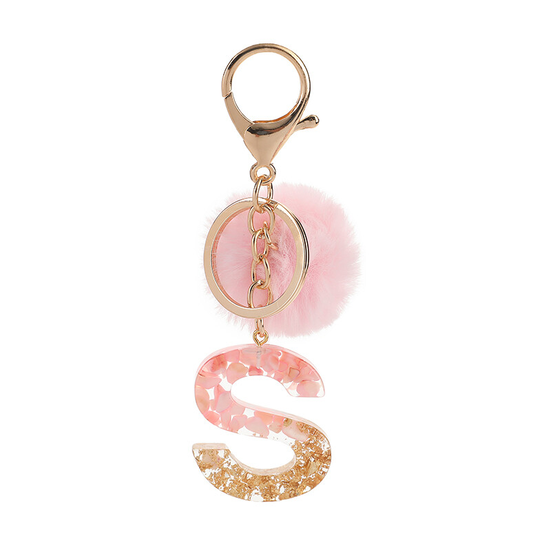 Breloc cu litere cu pompon roz, breloc de chei cu alfabet englezesc cu bile puf, cu sclipici, din rășină, cu oglindă de mașină