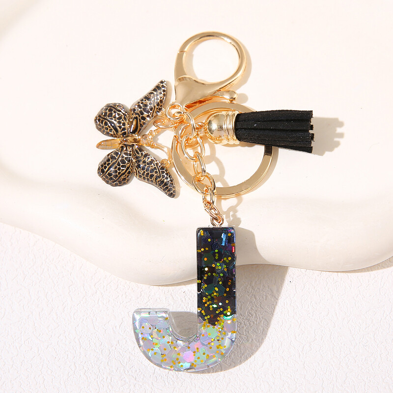 Breloc cu litere din rășină pentru bărbați și femei cu fluture negru și ciucuri cu paiete agățat monogramă - cadou personalizat de aniversare