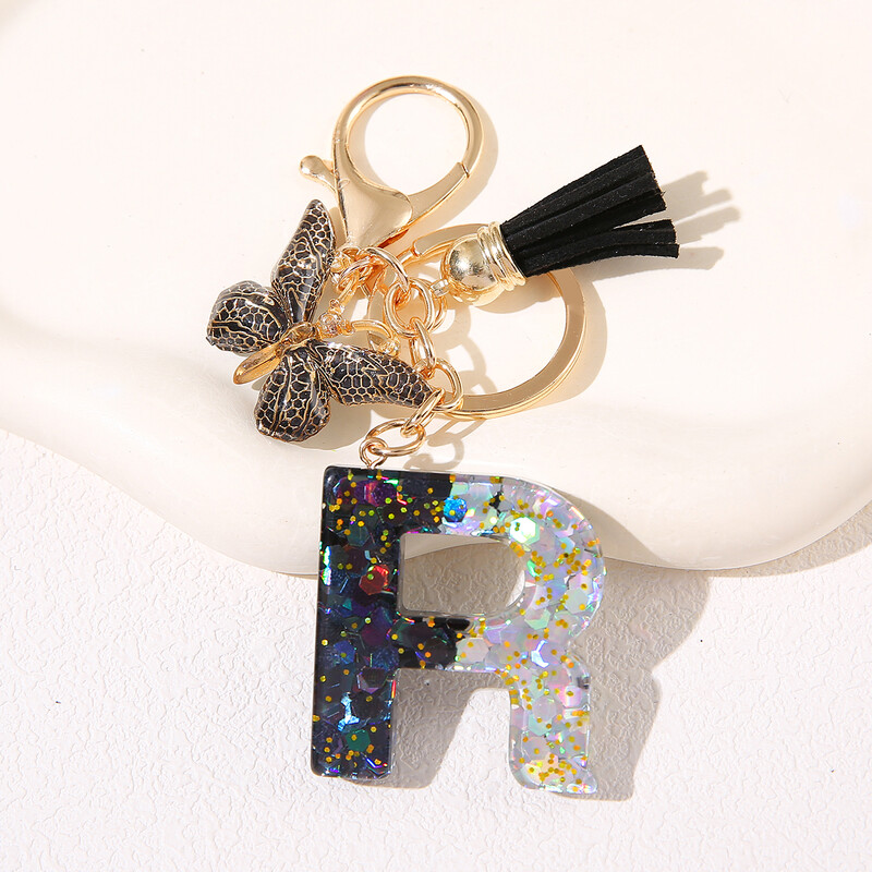 Breloc cu litere din rășină pentru bărbați și femei cu fluture negru și ciucuri cu paiete agățat monogramă - cadou personalizat de aniversare