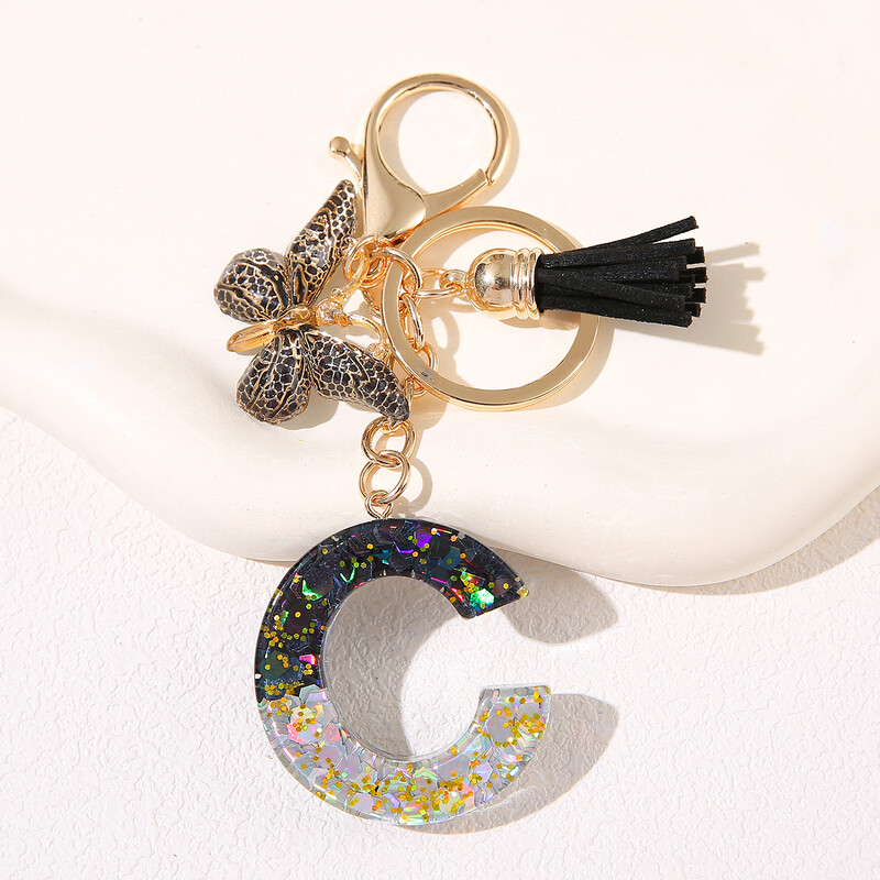 Breloc cu litere din rășină pentru bărbați și femei cu fluture negru și ciucuri cu paiete agățat monogramă - cadou personalizat de aniversare