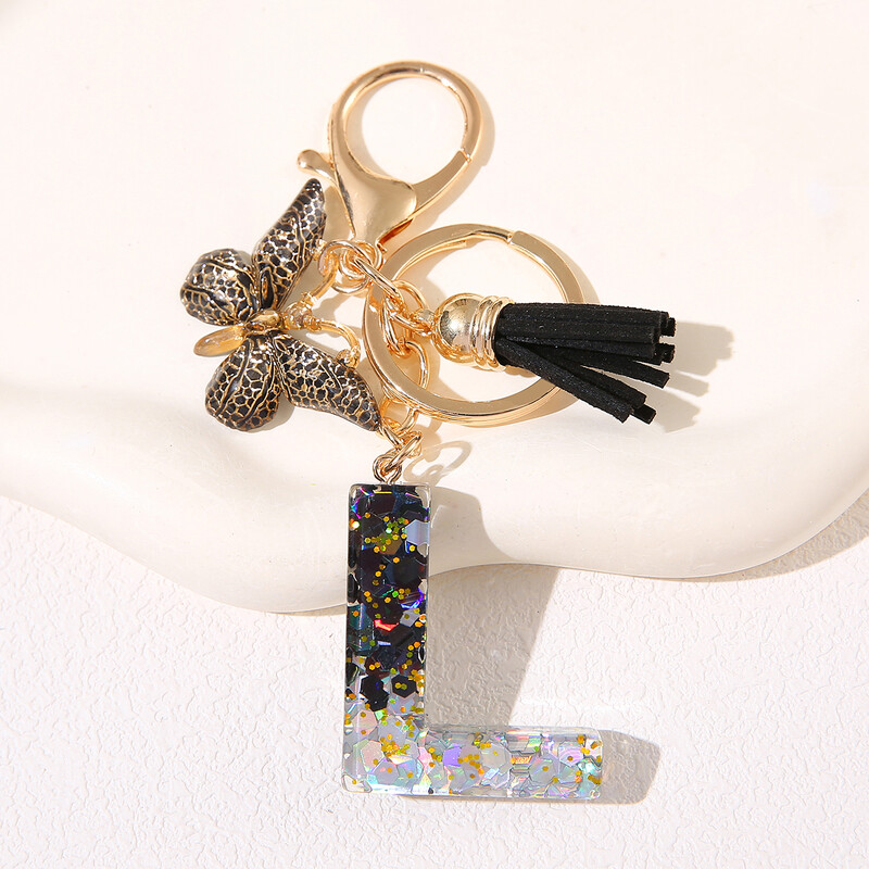 Breloc cu litere din rășină pentru bărbați și femei cu fluture negru și ciucuri cu paiete agățat monogramă - cadou personalizat de aniversare