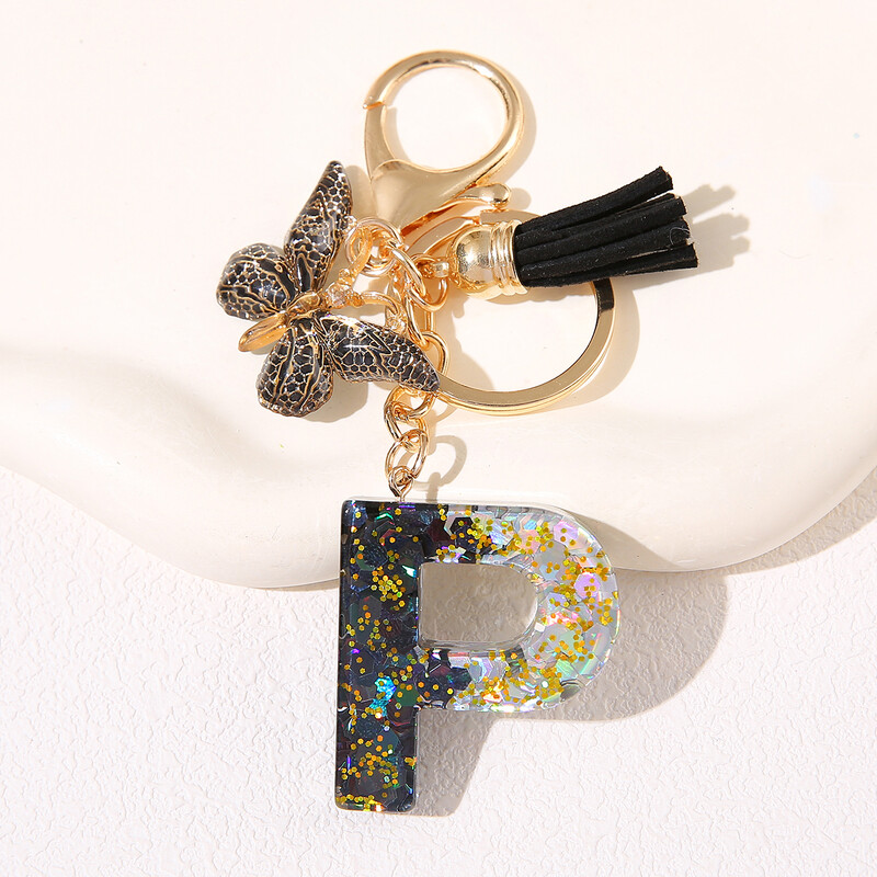 Breloc cu litere din rășină pentru bărbați și femei cu fluture negru și ciucuri cu paiete agățat monogramă - cadou personalizat de aniversare