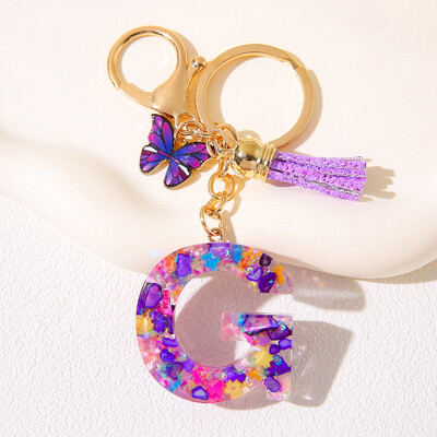 Breloc inițial cu alfabet, cu farmec violet și ciucuri, pandantiv cu litere din rășină, închizătoare cu homar, accesoriu pentru rucsac pentru femei
