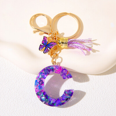 Breloc inițial cu alfabet, cu farmec violet și ciucuri, pandantiv cu litere din rășină, închizătoare cu homar, accesoriu pentru rucsac pentru femei