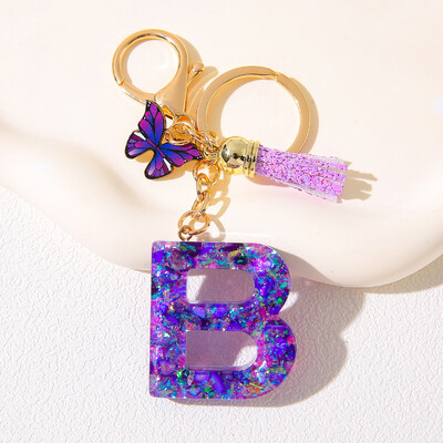 Breloc inițial cu alfabet, cu farmec violet și ciucuri, pandantiv cu litere din rășină, închizătoare cu homar, accesoriu pentru rucsac pentru femei