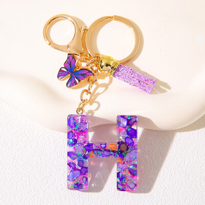 Breloc inițial cu alfabet, cu farmec violet și ciucuri, pandantiv cu litere din rășină, închizătoare cu homar, accesoriu pentru rucsac pentru femei